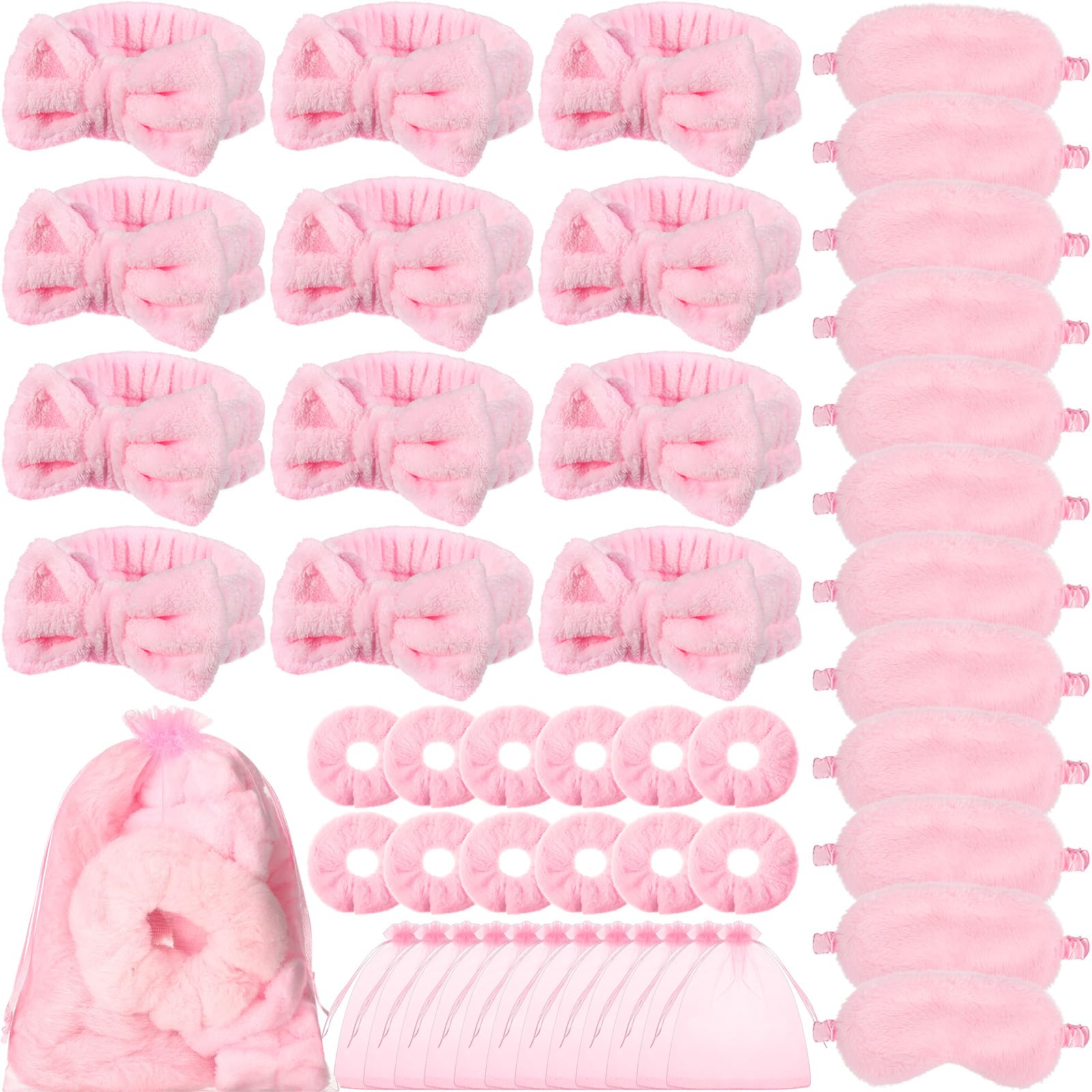Photo 1 of Mimorou 48 Pieces Spa Party Supplies 12 Pink Spa Headband 12 Plush Sleep Eye Mask 12 Pink Velvet Scrunchies 12 Organza Bags for Sleepover Slumber Party Favors Gift