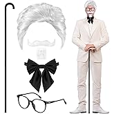 Cutecrop 6 Pcs Men's Forum Southern Fast Food Costume Outfit Accessories Include White Wig White Beard Mustache Glasses and Tie Set for Halloween Old Man Cosplay