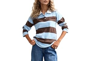 SAFRISIOR Womens Striped Polo Long Sleeve Rugby Shirts V Neck T Shirts Color Block Casual Tee Tops