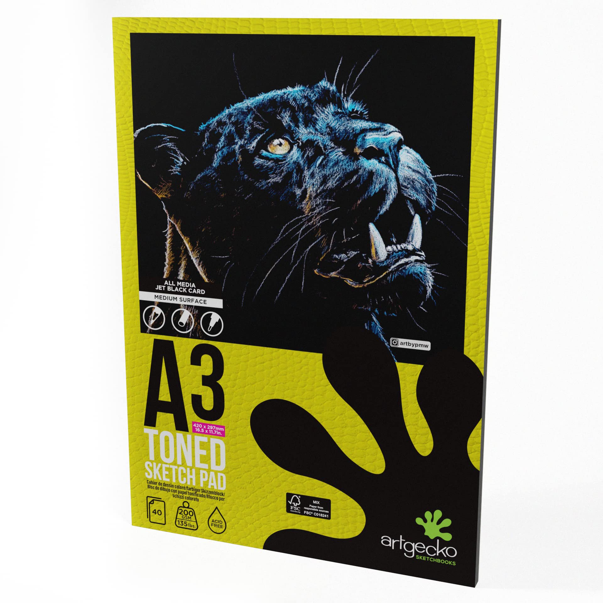 Artgecko Pro Black Sketch Pad A3-40 Sheets 200gsm Black Card