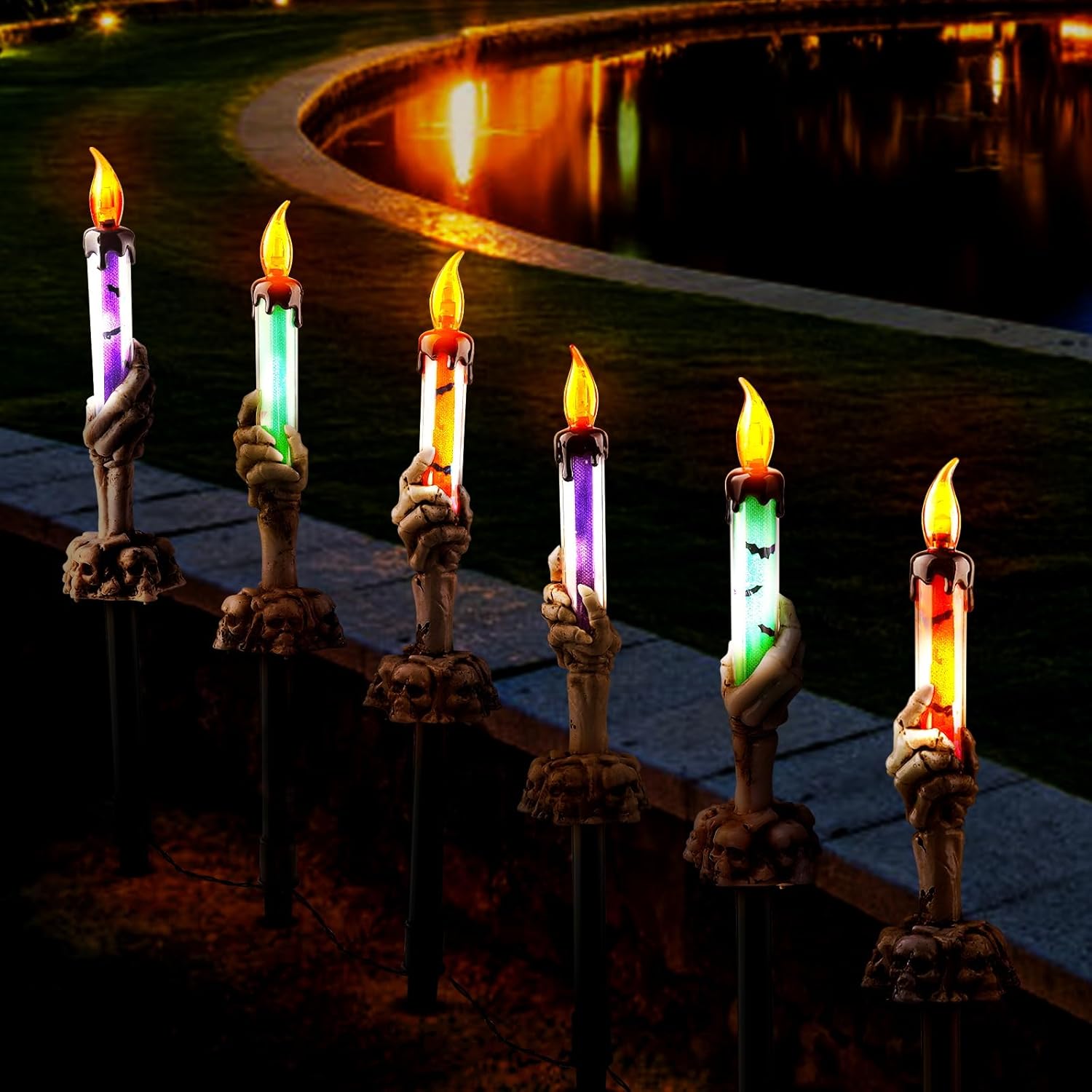 Decorative Garden Stakes - Halloween Decorations, 6 Pack Lighted Solar Skeleton Hands Hold Candle with Stakes, Pathway Decor for Patio Indoor Outdoor Party Home Garden