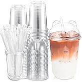 Ziliny 16oz 50 Set Plastic Cups with Lids and Straws, Disposable Clear Iced Coffee Cup with Lids Round Bottom Plastic Cup for Cold Beverage Drinks Juice Smoothie Coffee Shops Party(Panda Lid)