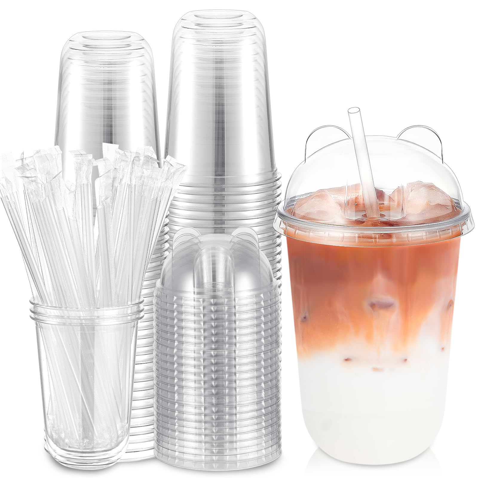 Photo 1 of Ziliny 16oz 50 Set Plastic Cups with Lids and Straws, Disposable Clear Iced Coffee Cup with Lids Round Bottom Plastic Cup for Cold Beverage Drinks Juice Smoothie Coffee Shops Party(Panda Lid)