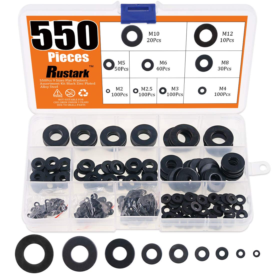 Rustark 550-Pcs [9 Sizes] Black Zinc Plated Alloy Steel Flat Washers Set Hardware Assortment Kit - M2 M2.5 M3 M4 M5 M6 M8 M10 M12