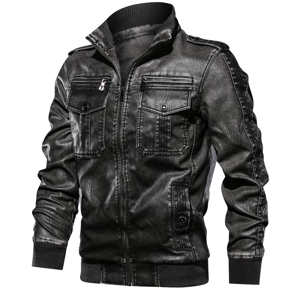 FEDTOSING Men\'s Faux Leather Jacket Retro Zip-UP Motorcycle Jackets with Removable Hood (Black-2 S)