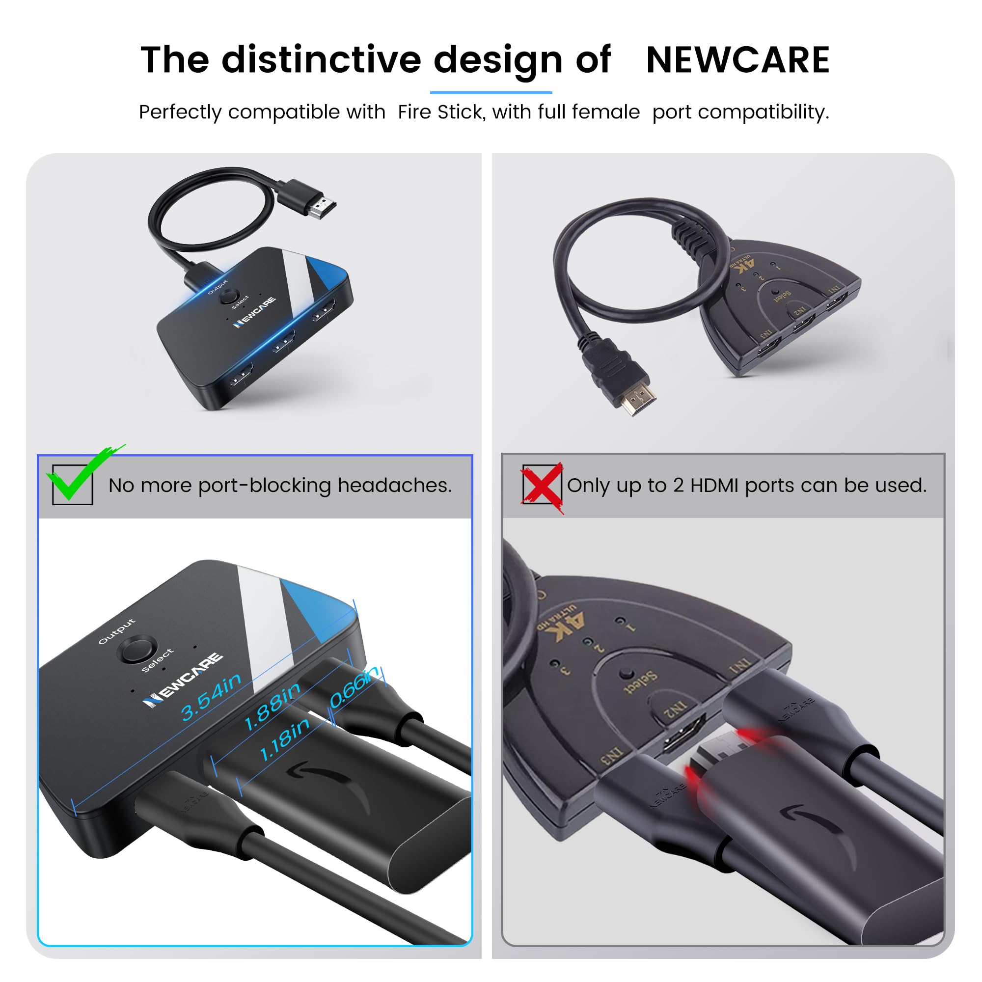 [Upgrade] HDMI Switch 3 in 1 Out, 4K@60Hz HDMI 2.0 Switch Splitter with 2.6FT Long HDMI Cable, 3-Port HDMI Switcher Selector, Supports 4K 30Hz 3D 1080P HDCP2.2 for PS5 Xbox DVD Player Fire Stick PC