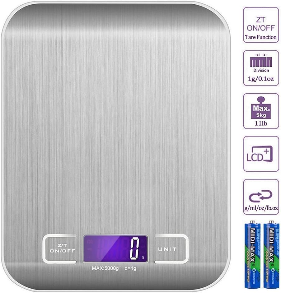 SIMCAST Digital Food Scale, (5000g, 0.1oz/ 1g) Amir Kitchen Scale, Electronic Cooking Food Scale with LCD Display, Stainless Steel, Accurate Gram and Slim Design, 2 batteries (included)