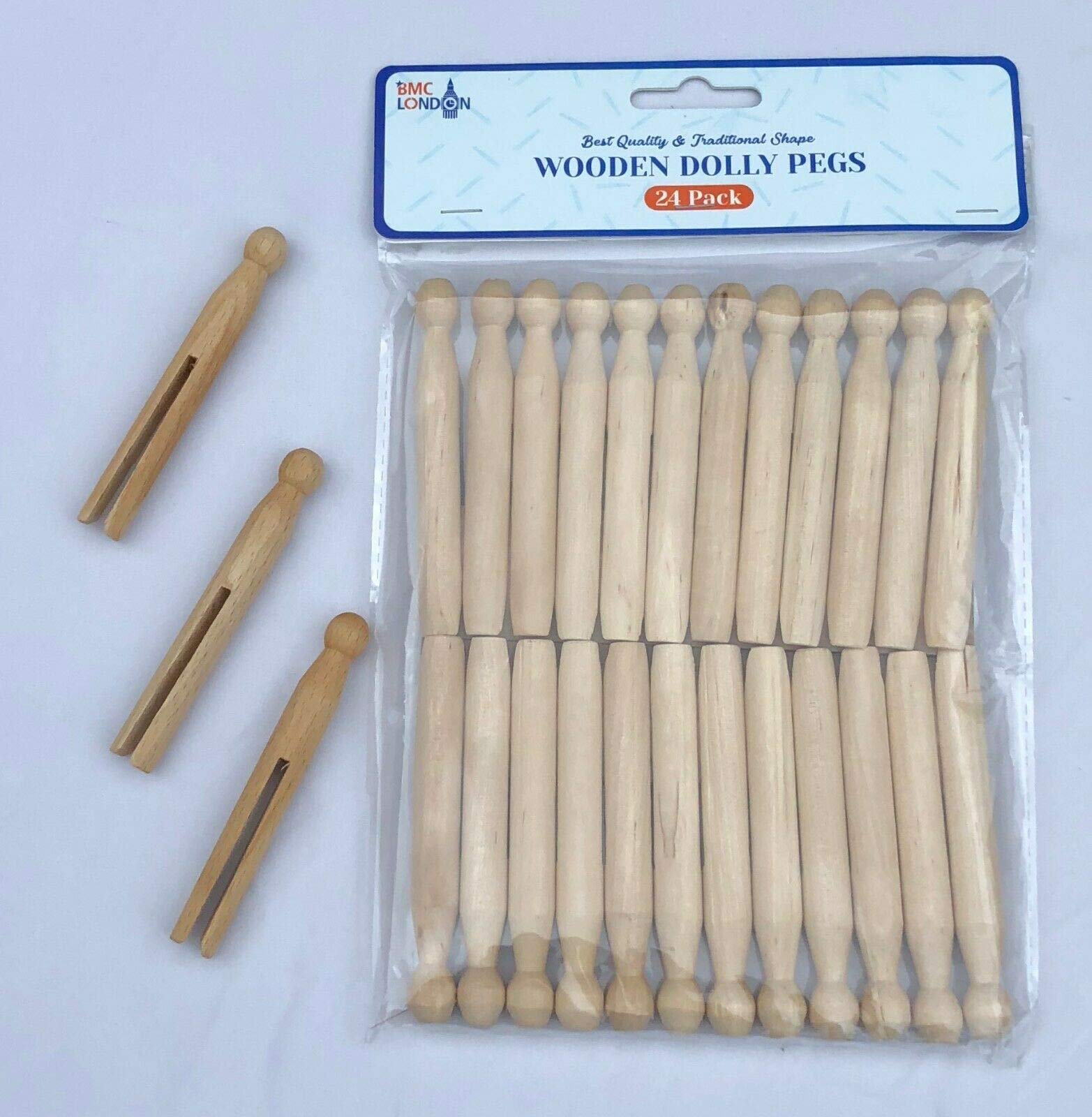 BMC LONDON 24pcs Traditional Wooden Dolly Pegs Washing Lines Laundry & Craft Making DIY Wood Colour