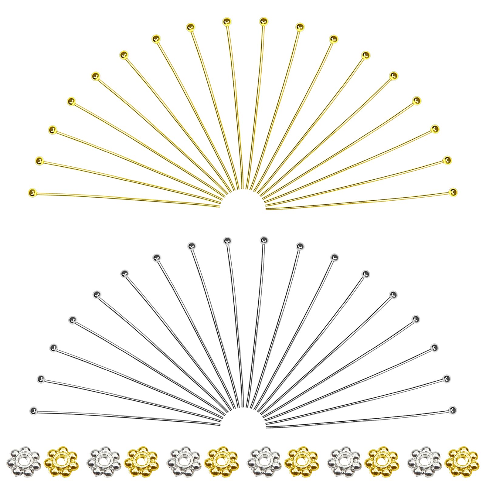 TOAOB 200 Pieces Ball Head Nails 50mm Brass Straight Pins and 200 Pieces 4mm Beads Metal Spacers Flower Shape for DIY Jewelry Making Gold Silver Tone