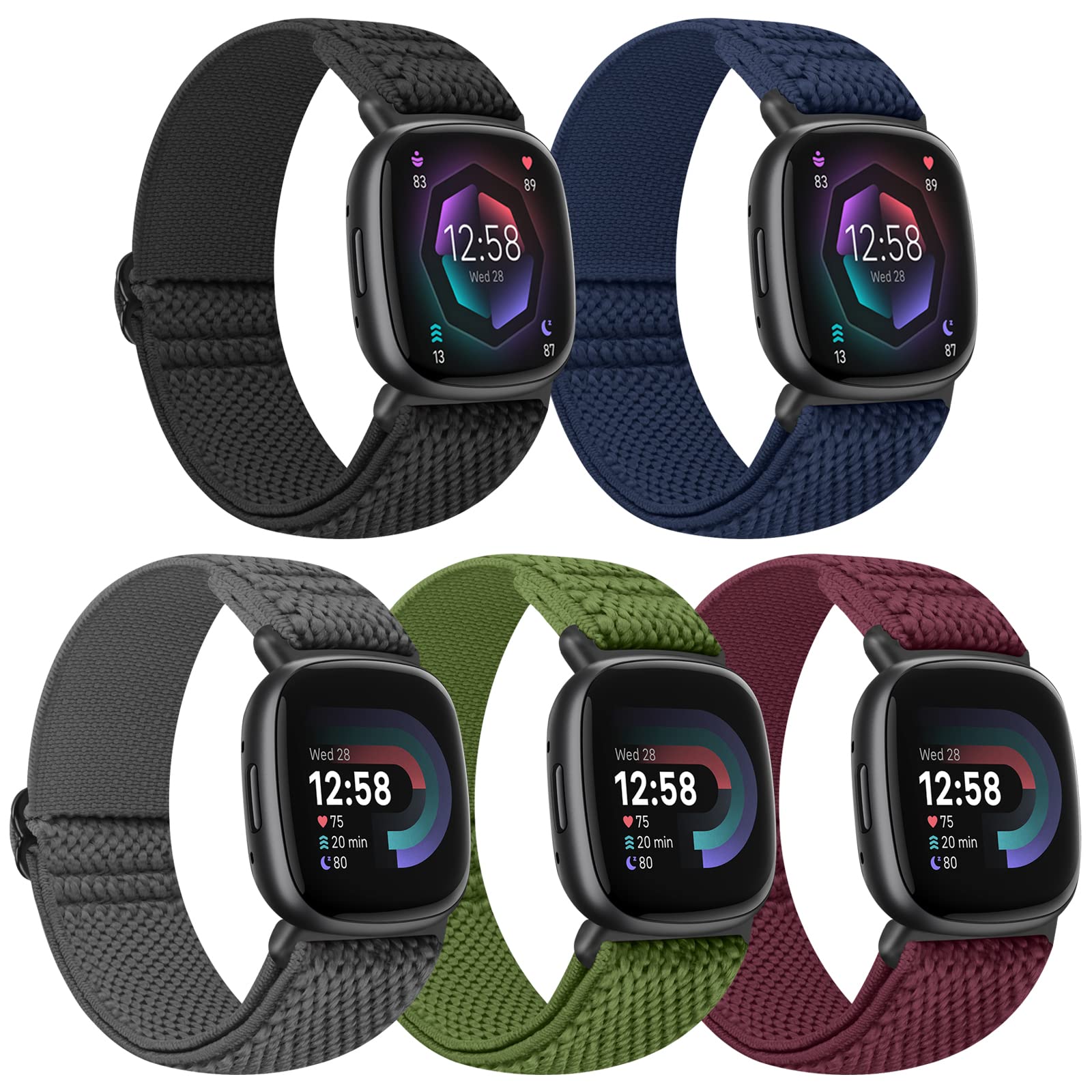 Tiptops 5 Pack Straps Compatible for Fitbit Versa 4/Fitbit Sense 2 Straps/Fitbit Versa 3/Fitbit Sense Bands Men Women, Adjustable Comfortable Loop Nylon Sports Replacement Stretchy Bands — image 1