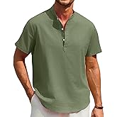 Enlision Mens Cotton Linen Henley Shirts Casual Short Sleeve Shirt Summer Beach Hippie Tshirt Band Collar Shirt for Men