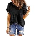 Dokotoo Womens Summer Tops Crewneck Lace Crochet Short Sleeve Shirts Casual Chiffon Blouses