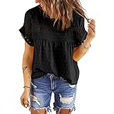 Dokotoo Womens Summer Tops Crewneck Lace Crochet Short Sleeve Shirts Casual Chiffon Blouses