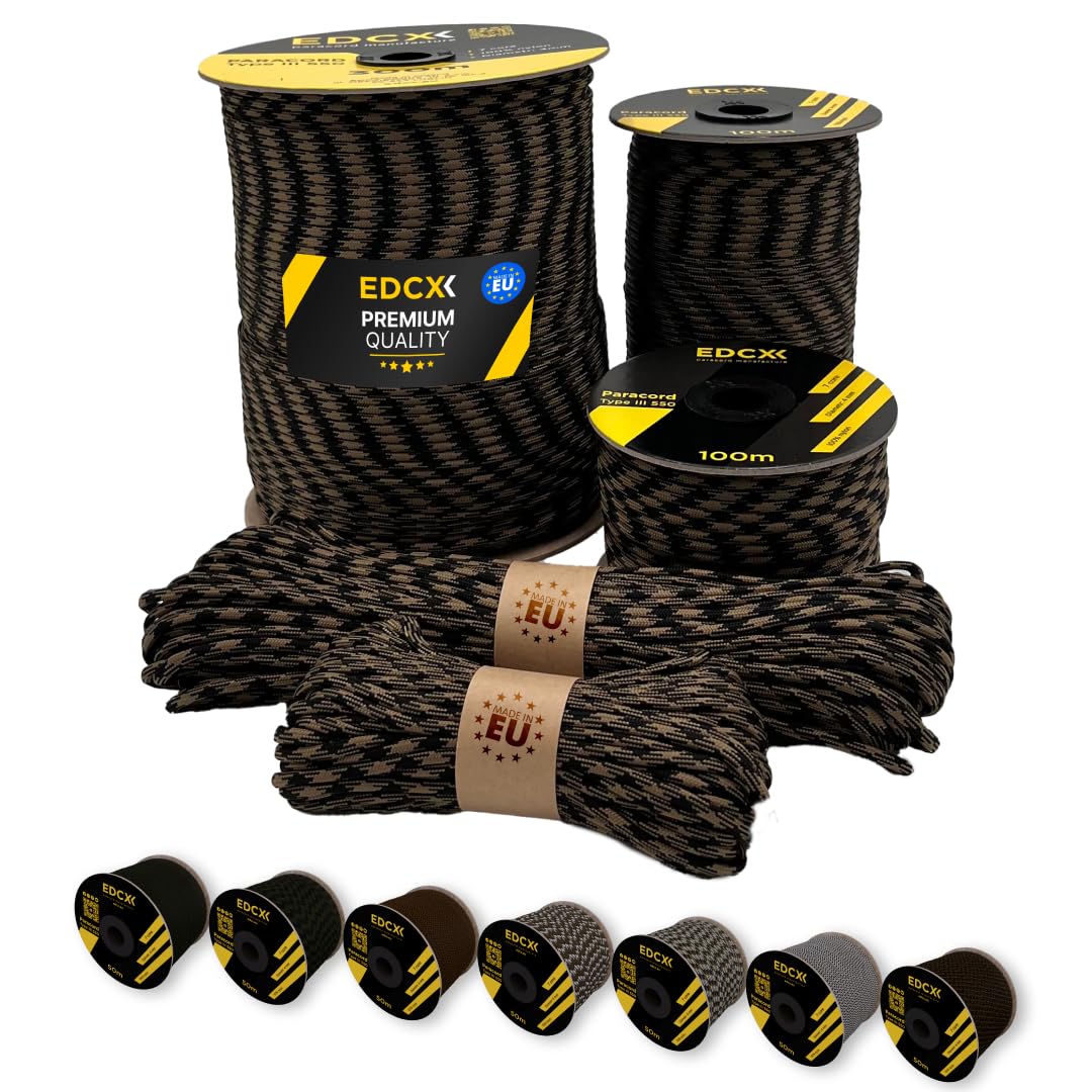 EdcX Paracord 4mm, 20+ Military Colors (15m, 30m, 50m, 100m, 300m) | Ideal for Camping, Survival, Outdoor, Crafting, DIY | 100% Nylon Rope 4mm | Tactical Cord 550 Type III (Coyote Black, 100 m) — image 1