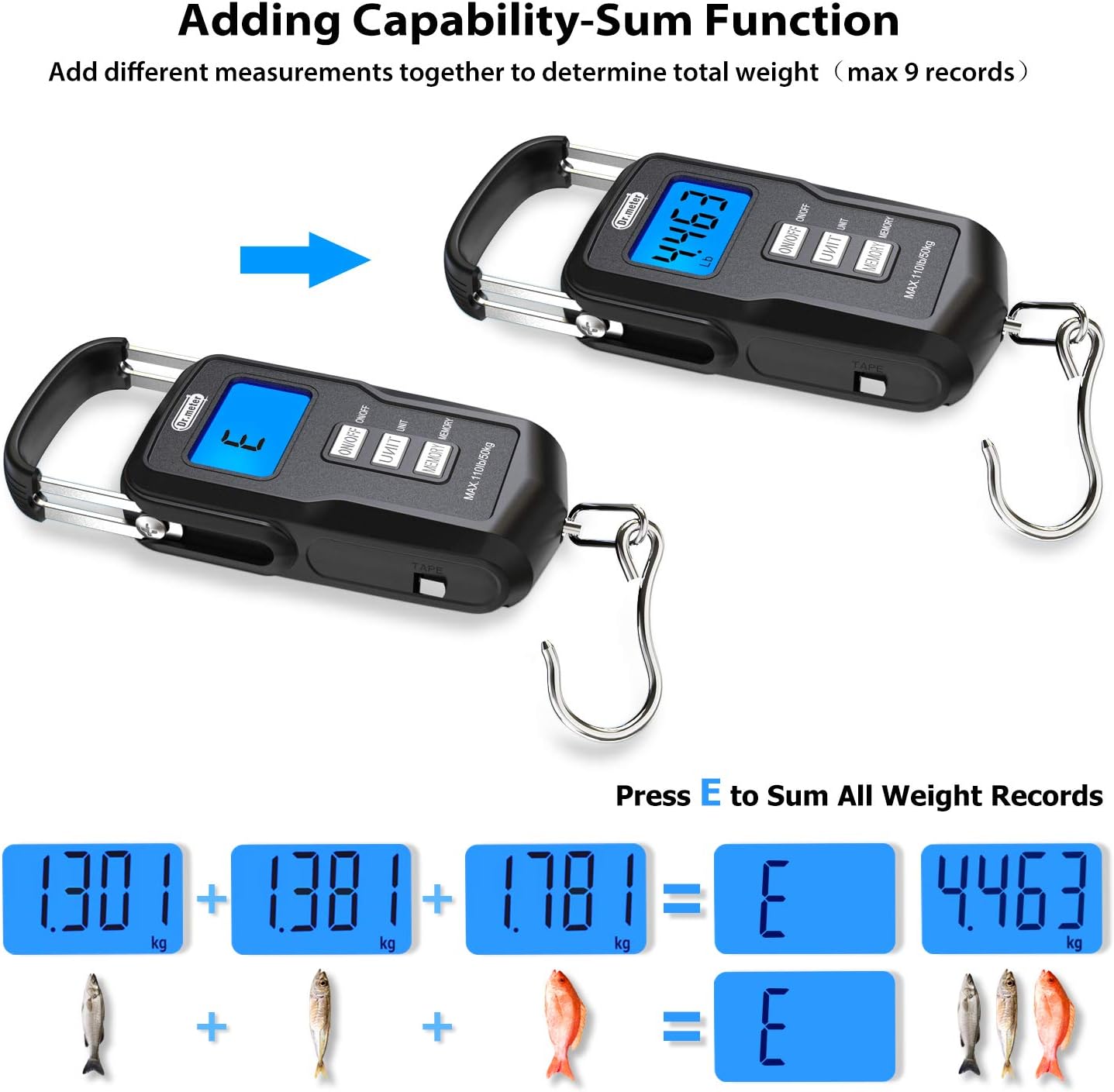 [Upgraded]FS01 Fishing Scale, Dr.meter 110lb/50kg Digital Hanging Scale with Storage Function and Numerical Comparison, Backlit LCD Display, Measuring Tape and 2 AAA Batteries Included : Sports & Outdoors