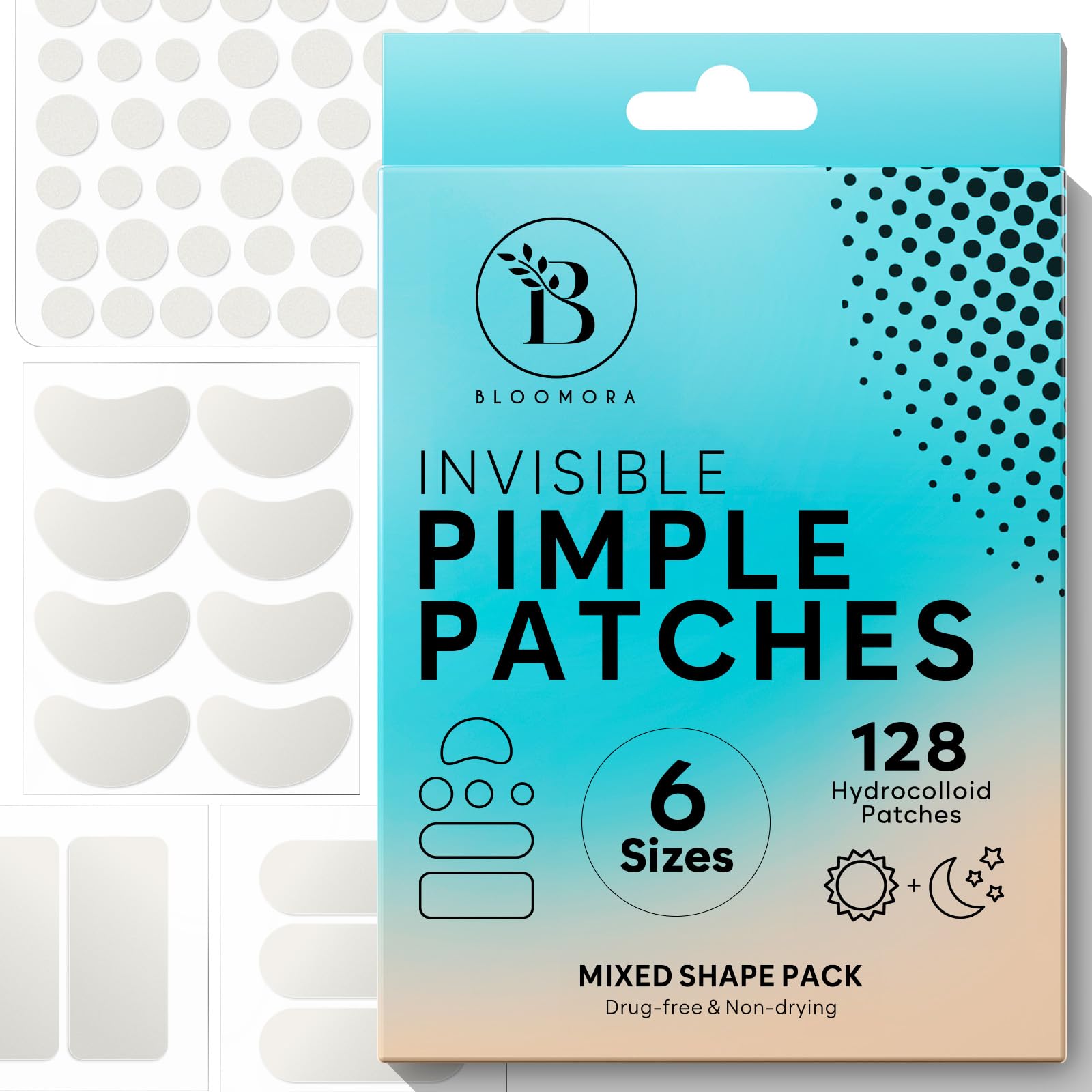 Photo 1 of BLOOMORA Large Pimple Patches for Face, Hydrocolloid Acne Patches, Variety Shapes Zit Stickers, Acne Spot Treatment, Blemish Spot Treatment, Round, Moon, Rectangle, Oval (6 Sizes, 128 Count)