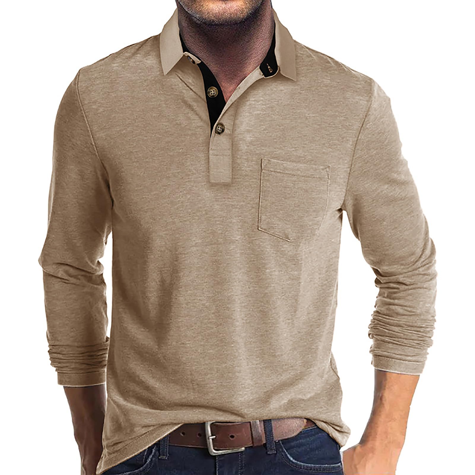 Photo 1 of Mens Long Sleeve Polo Shirts Classic Button Down Golf Shirt Fashion Casual Moisture Wicking Shirts with Pocket Apricot