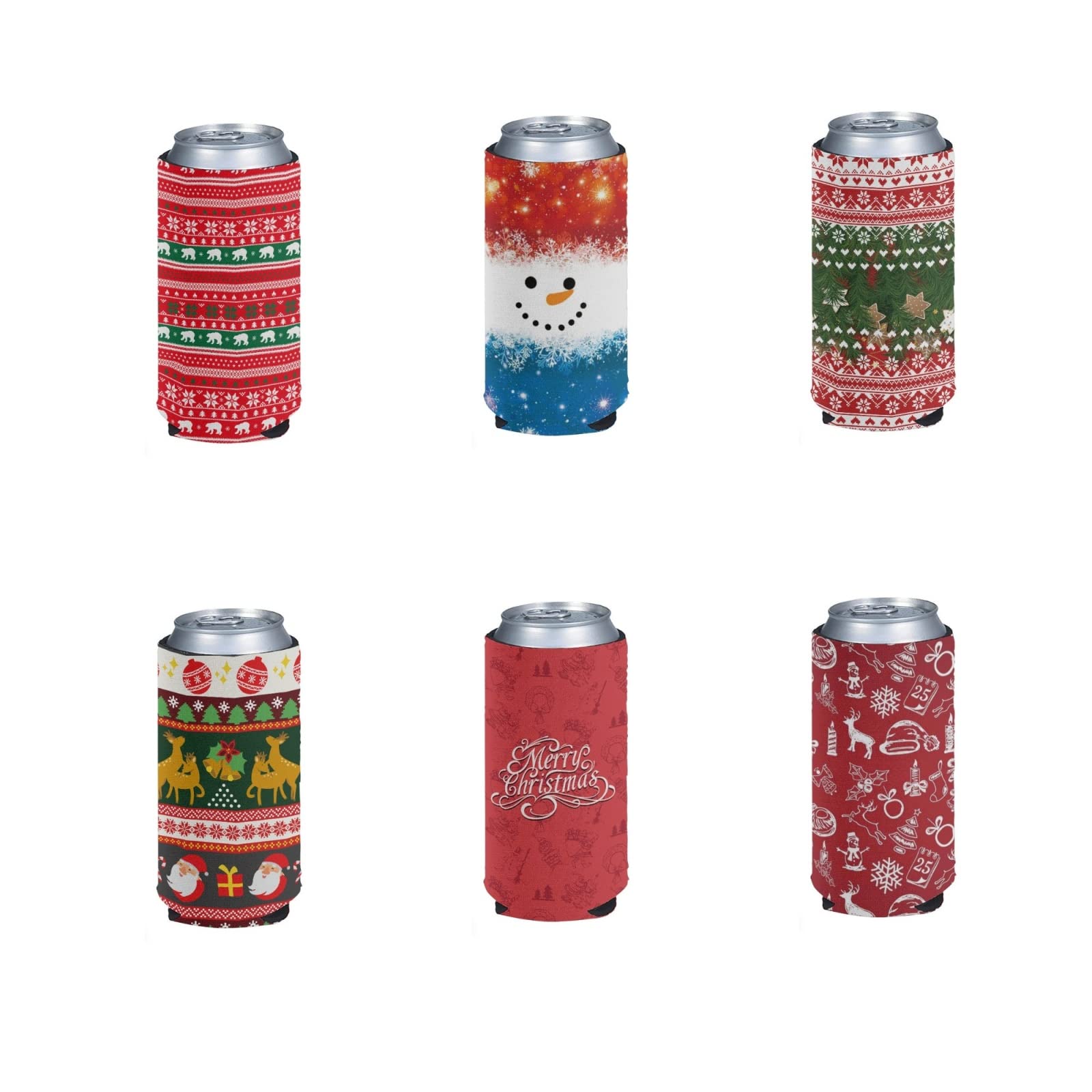 Kuiaobaty Christmas Pattern Can Cooler Sleeves Slim Can Cooler Holder,Moose,Snowman Print Neoprene Can Sleeve 12 Ounce Foldable Can Cover Pack of 6