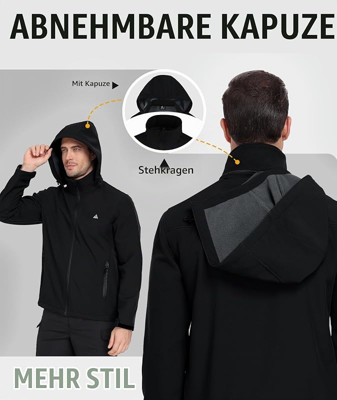 Softshelljacke Herren Wasserdichte Winddichte Atmungsaktive Funktionsjacke mit Kapuze Outdoor Softshell Jacke Herbst Winter Windbreaker für Wandern Fahrrad Camping Schwarz XL — Foto 3 von 6