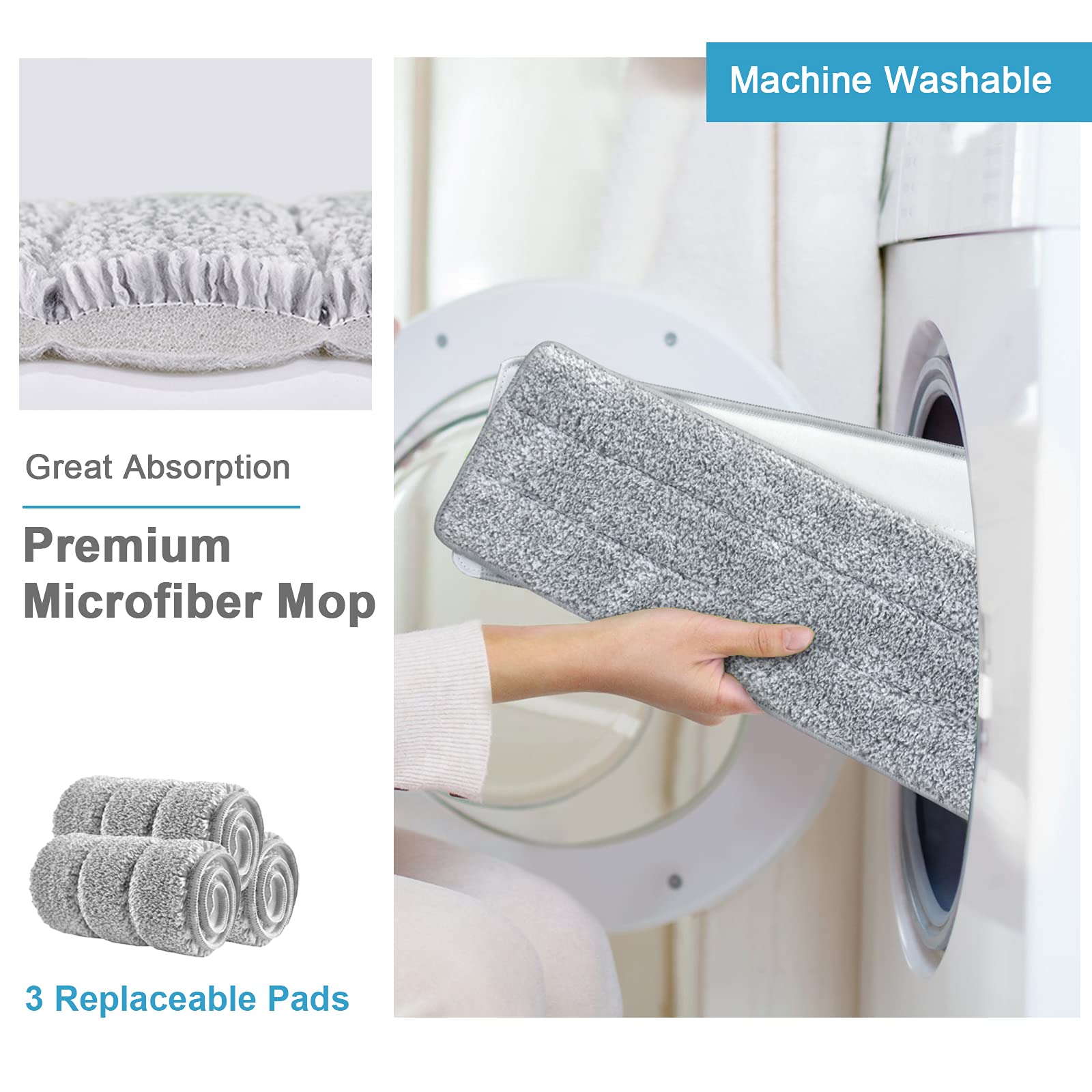 Mop and Bucket with Wringer Set, Hands Free Flat Floor Mop and Bucket, 3 Washable Microfiber Pads Included, Wet and Dry Use, Home Floor Cleaning System for All Floor Types and Windows