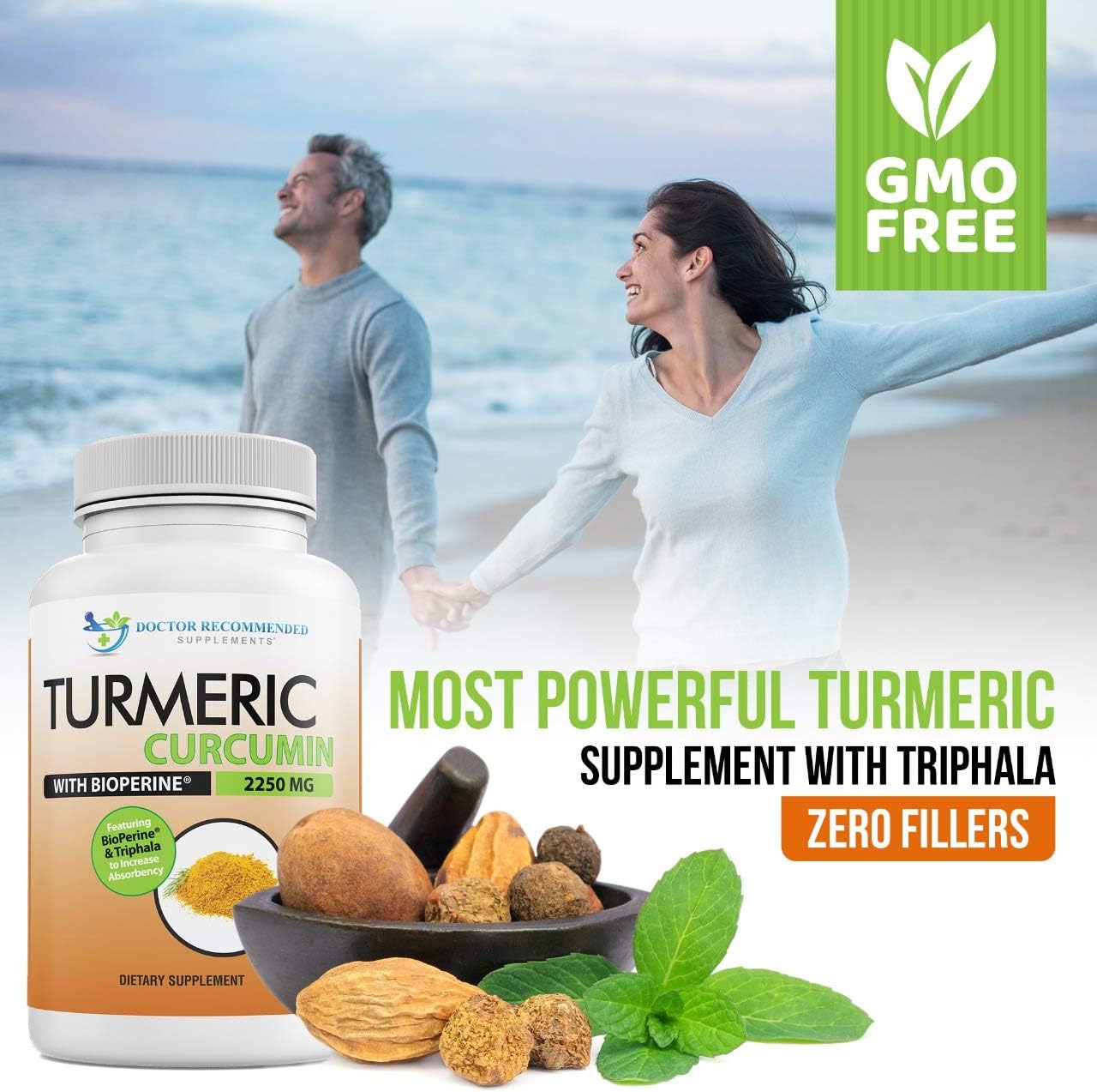 Turmeric Curcumin - 2250mg/d - Veggie Caps - 95% Curcuminoids with Black Pepper Extract (Bioperine) - 750mg Capsules - 100% Organic - Most Powerful Turmeric Supplement with Triphala (180 Count): Health & Personal Care