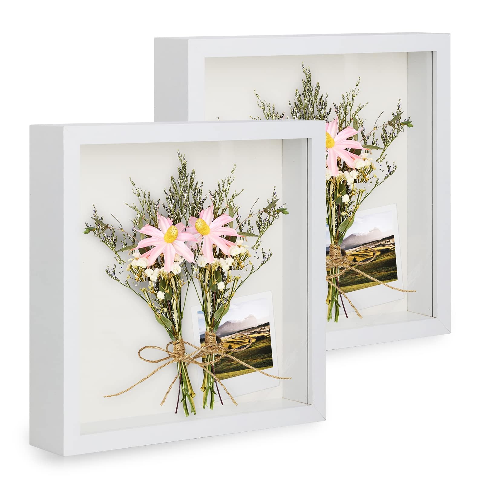 3D Shadow Box Frame 8x8 inch, 2 Pack Picture Frame with Glass for Crafts, 3cm Deep Box Frame Display Cases Desktop or Wall Hanging for Photos, Crafts, Souvenir, Baby Items - White
