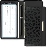 Kakurookie Letter Checkbook Cover, RFID Blocking Checkbook, Stylish, Lightweight, Slim Durable, Multi-Functional Checkbook Holder for Personal and Business Checks (Leopard-Black)