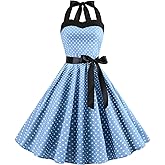Vintage Women 1950s Rockabilly Swing Dress Pinup 50s Retro Hepburn Style Halterneck A-Line Dresses