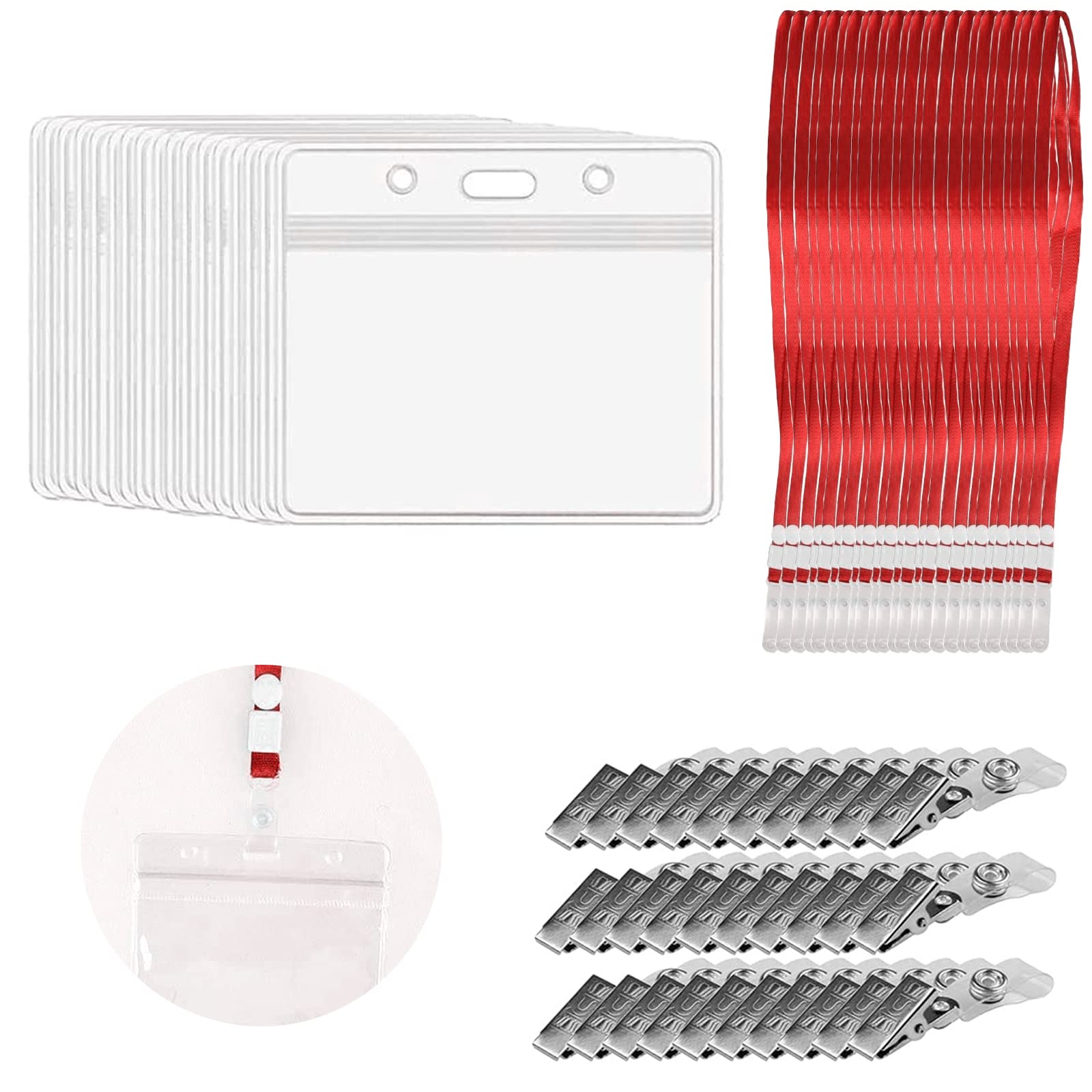 Monsully 30 Pcs Waterproof ID Card Holder with Red Lanyards, Name Badge Card Holders with Neck Lanyards Transparent Name Badges with Nameplates for Business, Office and School