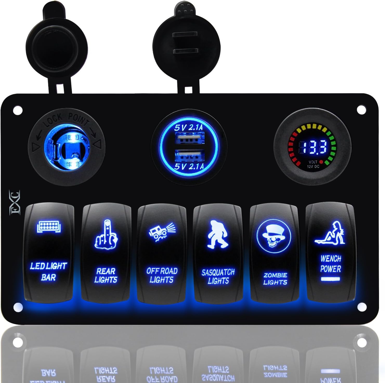 FXC Boat Rocker Switch Panel Voltmeter 12V Cigarette Socket Double USB Power Charger Adapter Flush Mount Waterproof 6 Gang Switches Panel Black for RV Car Marine¡­ : Sports & Outdoors