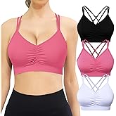 VEQKING Ruched Sports Bras for Women Large Bust, Seamless Padded Strappy Medium Support Yoga Bra, 3 Pack