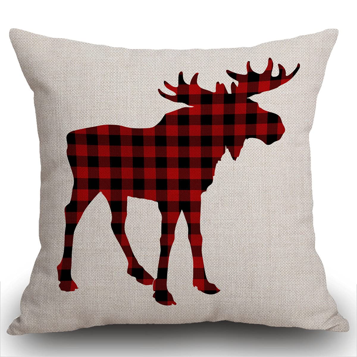 Smooffly Animal Moose Red and Black Chess Plaid Scottish Buffalo Cotton Linen Square Cushion Cover Throw Pillow Case Decorative Pillowcase Sofa 18x18 inch 45x45cm