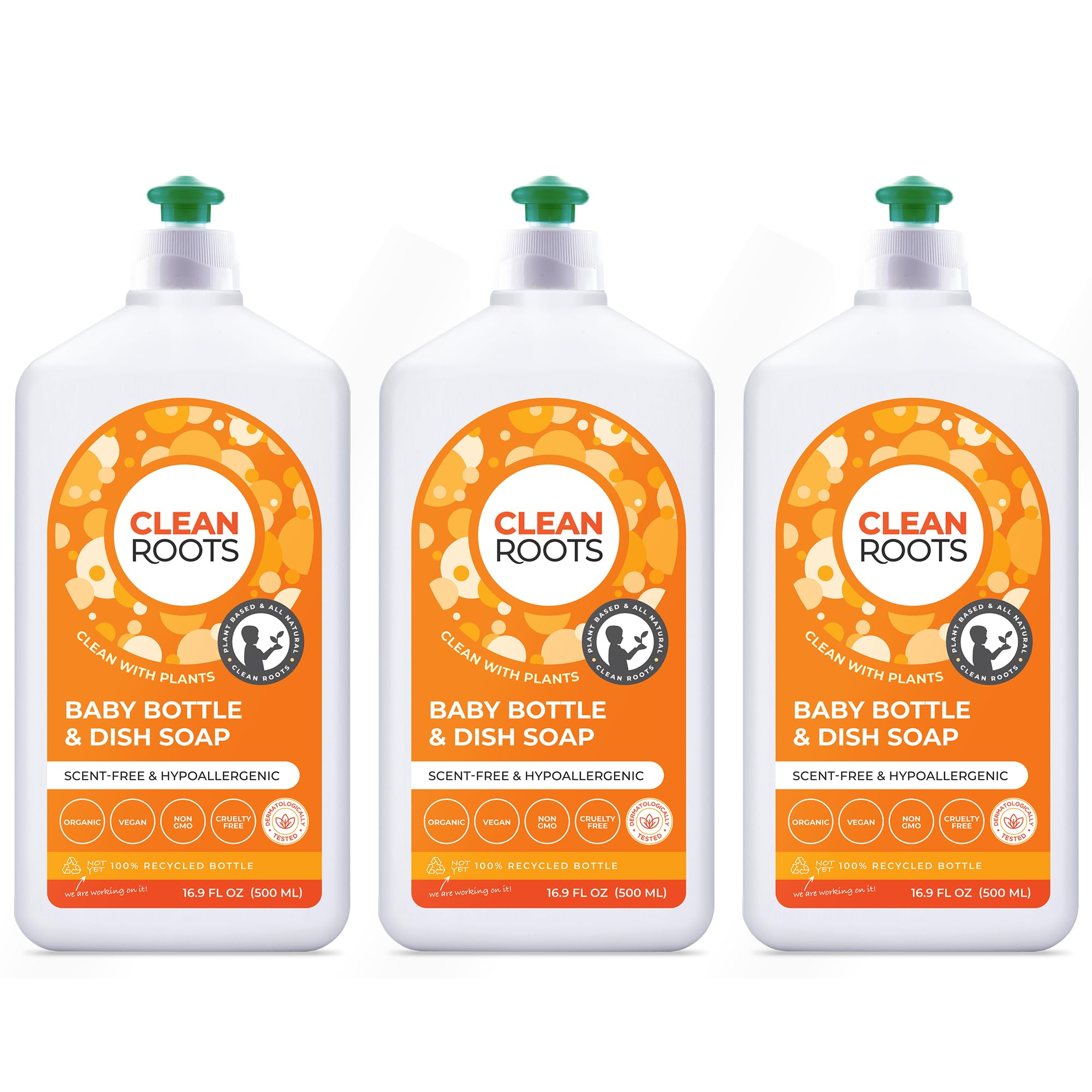 Photo 1 of CLEAN ROOTS Baby Bottle & Dish Soap – EcoGarantie Certified, 100% Plant-Based Formula, Made with Organic Ingredients, Scent-Free & Hypoallergenic – 16.9 fl oz (500 mL), Pack of 3