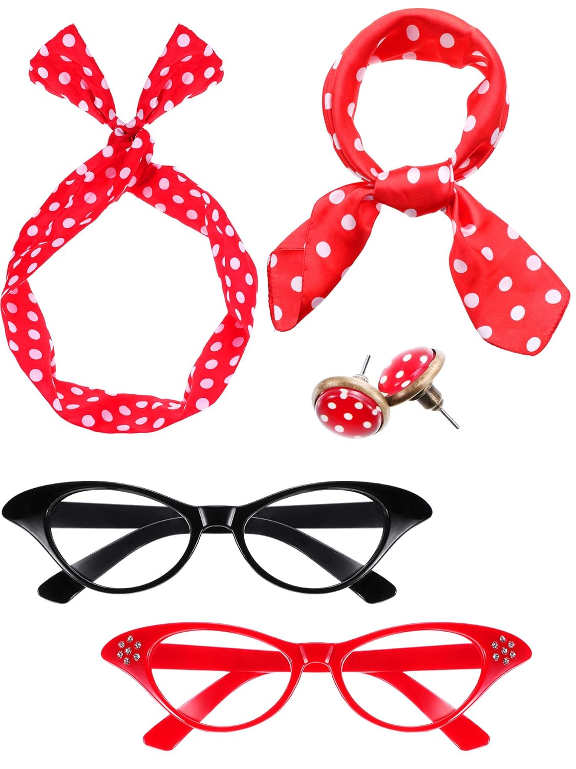 Blulu Women 50's Costume Accessories Set Silk Scarf Cat Eye Glasses Bandana Tie Headband and Earrings