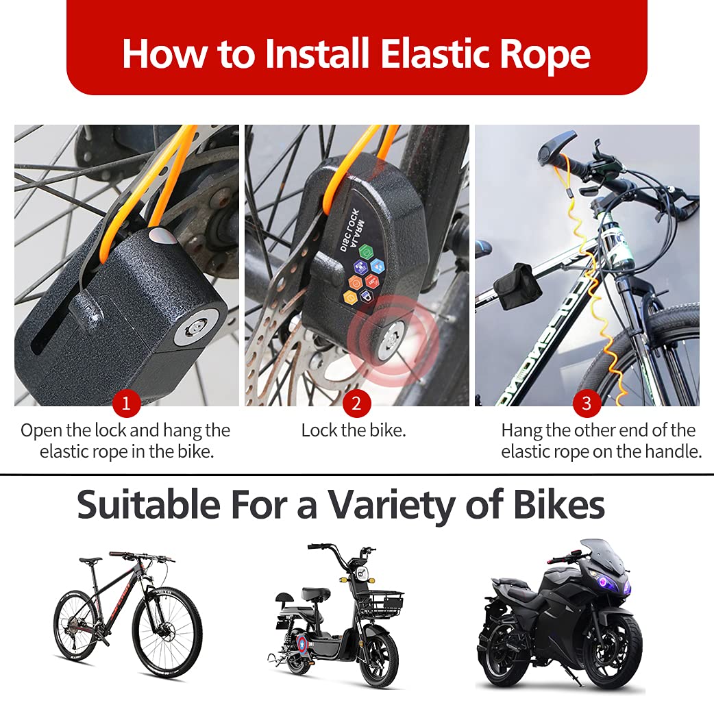 Alarm Disc Lock Set, 2pcs Brake Lock, Anti-Theft Waterproof 110 dB 7mm Pin 5ft Reminder Cable for Motorcycles Bike Scooter Carry Pouch