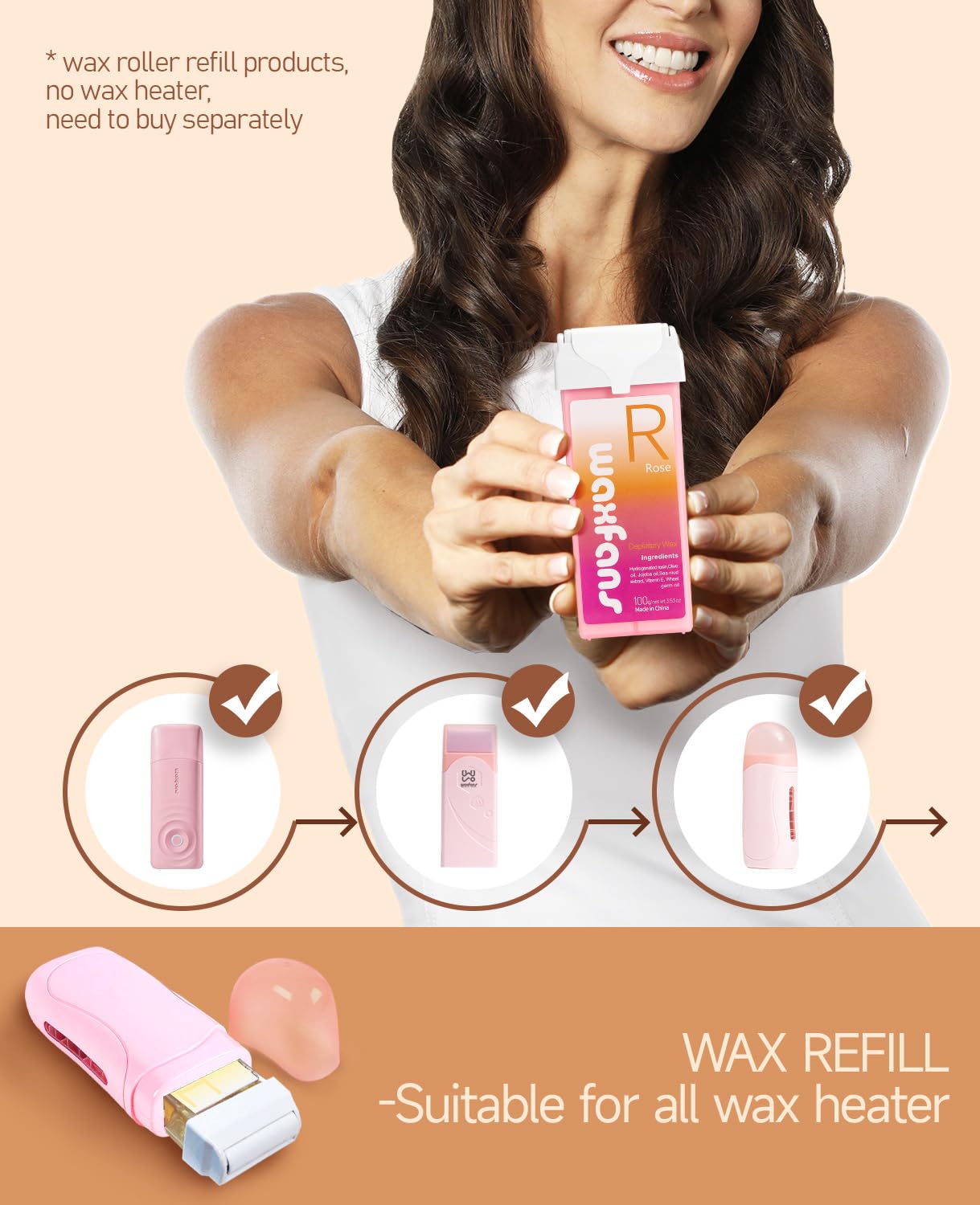 Roll On Wax,Rose Wax Roller Refill for Body Area Waxing,Natural Roses Keep Skin Hydrated and Shiny, Long-Lasting Hair Removal Effect and durable (4 Pack) Not included :roll on wax warmer
