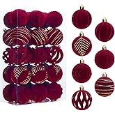 30ct 2.36" Velvet Christmas Ball Ornaments Set for Tree Decorations, Flocked Traditional Shatterproof Xmas Balls Decor Hanging Ornament Bulk for Holiday Birthday Party(Burgundy)
