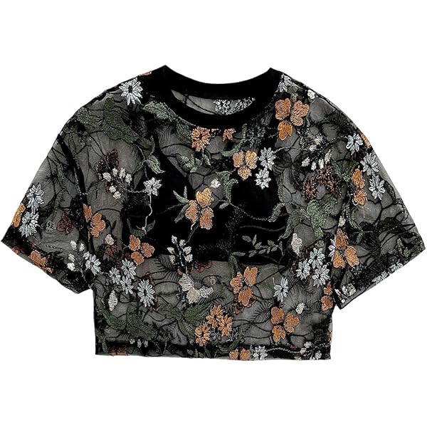 SweatyRocks Women Sexy Sheer Mesh Crop Tops Floral See