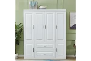 ClassyCabin 4 Door Armoire Wardrobe Closet, Wood 2 Drawers Armoire Storage Cabinet for Large Capacity, White Bedroom Armoires for Clothes with Hanging Rod and 5 Storage