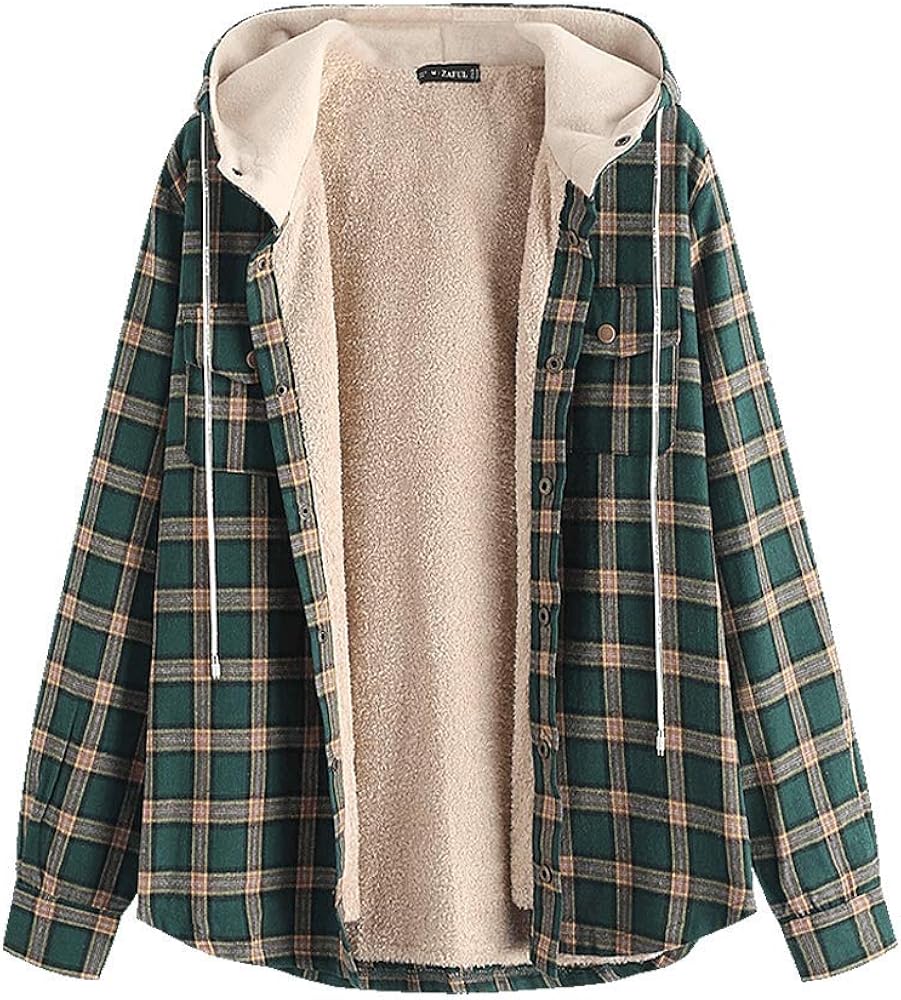 ZAFUL Men’s Plaid Fleece Hooded Jacket Unisex Flannel Lined Long Sleeves Drawstring Fuzzy Hoodie Shirt Coat at  Men’s Clothing store