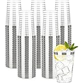 Ciselure 200 Pack Silver Plastic Cups, 12 Oz Clear Disposable Cups with Silver Rim, Heavy Duty Cocktail Cups for Party, Wedding and Daily Use