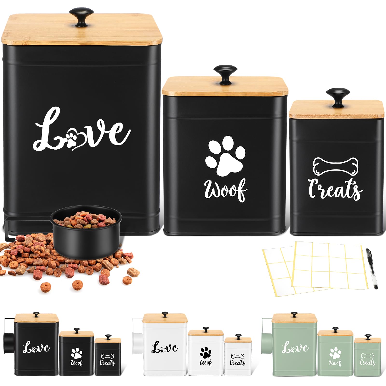 Photo 1 of Jingmore Metal Dog Treat Containers Set of 3 with Bamboo Lids and Spoon Airtight 7+3+2 lbs Dog Food Snack Jars with DIY Labels Big Pet Cookie Storage Jar for Kitchen Counter(Black,Classic)