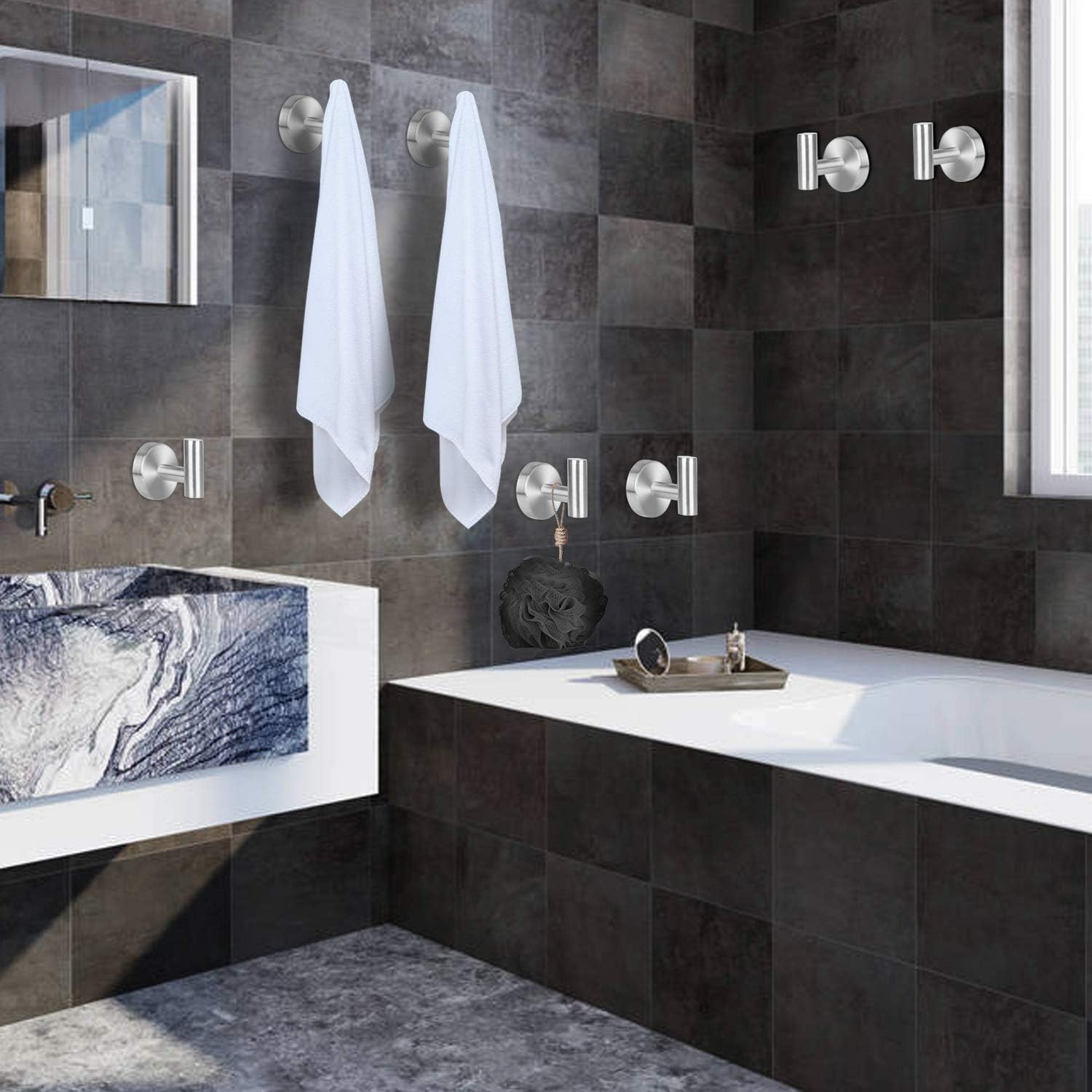 Bathroom Towel Hooks, 4 Pack Coat Hook Round Wall Hooks for Cabinet Closet Door, Heavy Duty Robe Hook, Two Ways to Install (Drill and Adhesive) for Bath Bedroom Kitchen Garage Hotel: Home & Kitchen