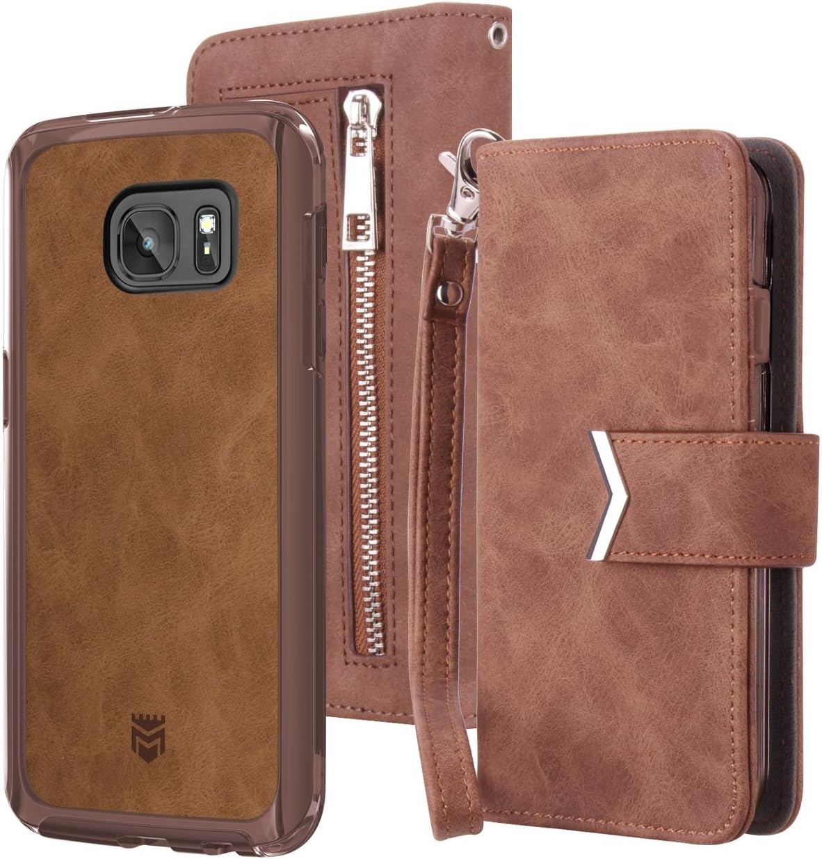 Majesticase iPhone 7 Plus Wallet Case Premium Suede Leather Wristlet & Detachable Removable Magnetic Hybrid Protective Shell Cover & Back Zipper + Removable Strap - Vintage Brown