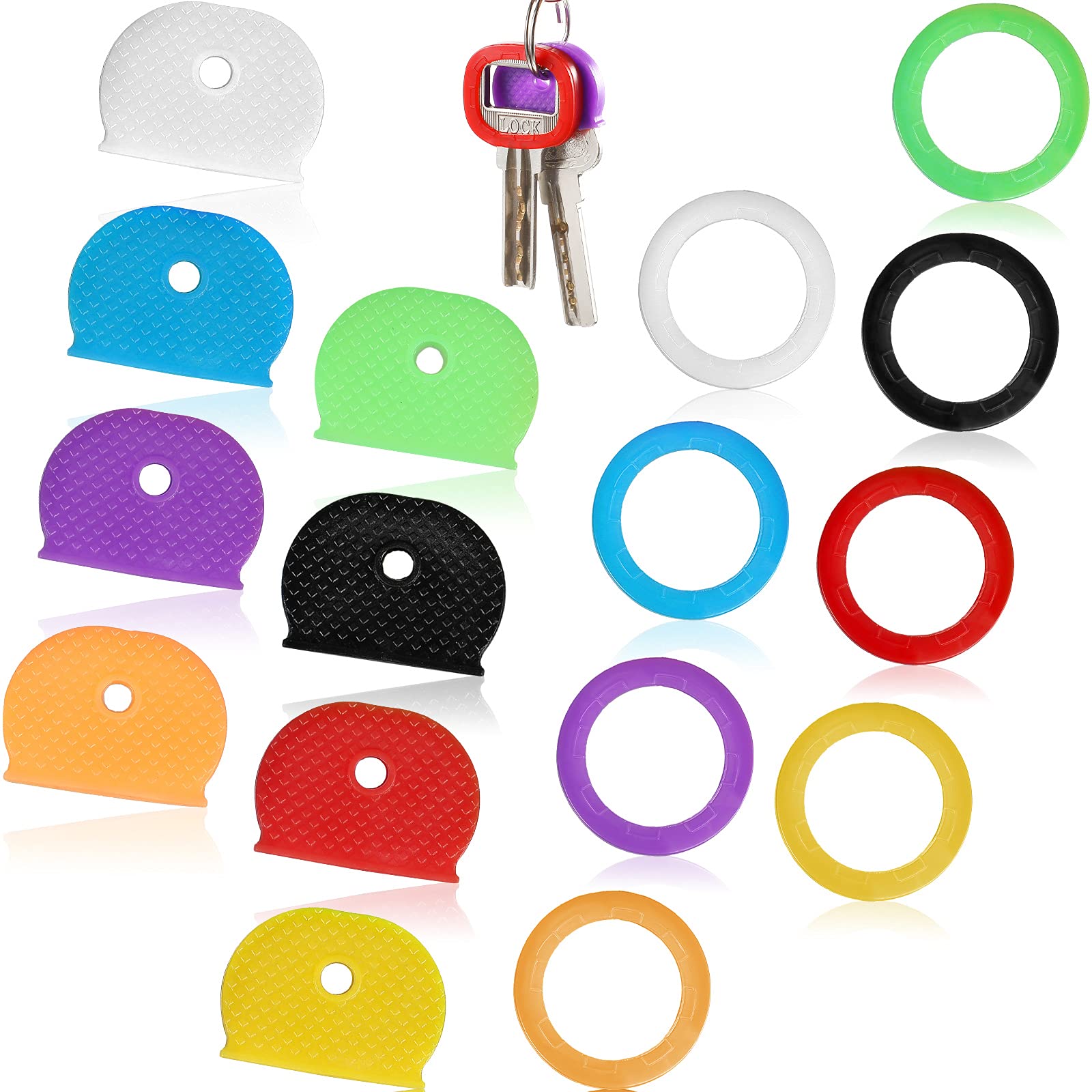 16 Pieces Key Caps Covers Tags Set Silicone Key Identifier Assorted Colors Key Cap Waterproof Key Cap Covers Rings for Easy Identifying Door Keys, 8 Colors