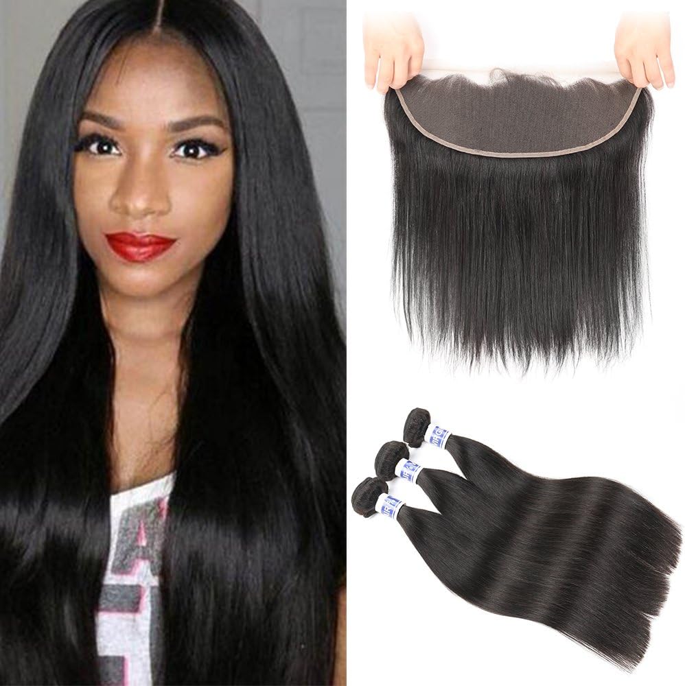 Brazilian Straight Hair Weave with 3 Bundles Natural Black Color Ear To Ear Lace Frontal with Bundles 100% Unprocessed Virgin Human Hair Weave