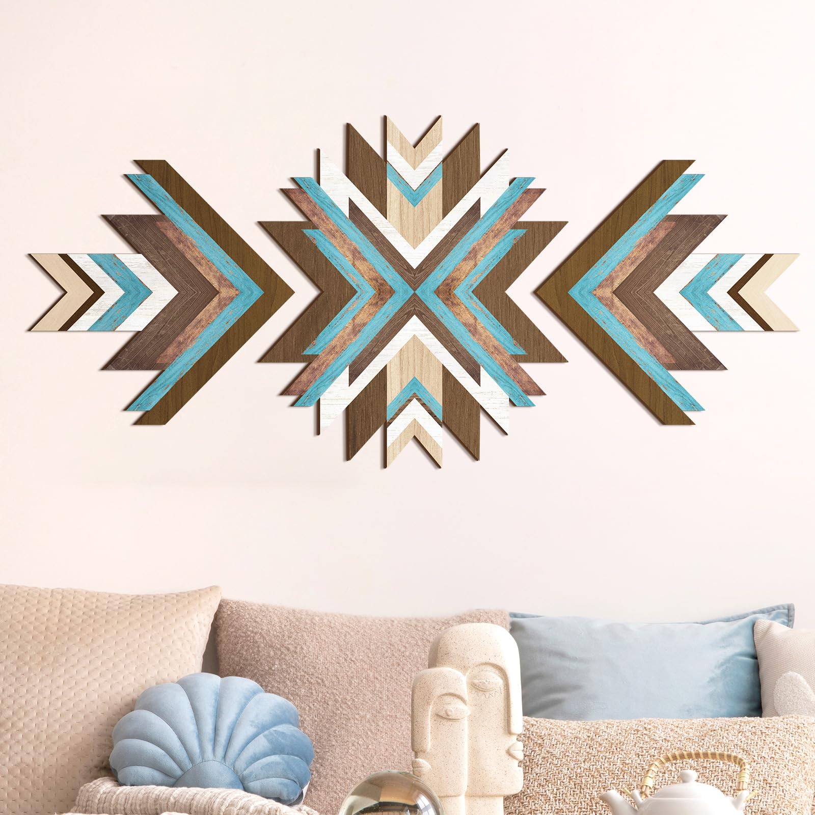 Photo 1 of Wenqik 3 Pcs Southwest Wall Decor Aztec Wall Art Wood Art Farmhouse Rustic Bedroom Boho Tribal Modern Geometric Vintage Living Room(Blue)