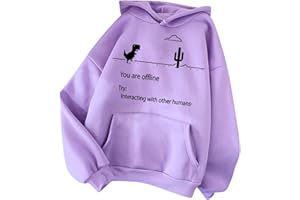 BADHUB Womens Dinosaur Hoody You are Offline Letter Print Casual Long Sleeve Drawstring Splice Hooded Sweatshirt Cute Hoodie
