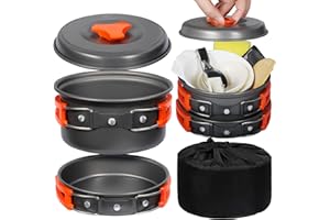 REDCAMP 6/10/11/12/14/15/19 PCS Camping Cookware Mess Kit Camping Gear Campfire Utensils Lightweight Stackable Pot Pan Bowls Soup Spoon with Storage Bag for Camping, Backpacking, Outdoor Cooking