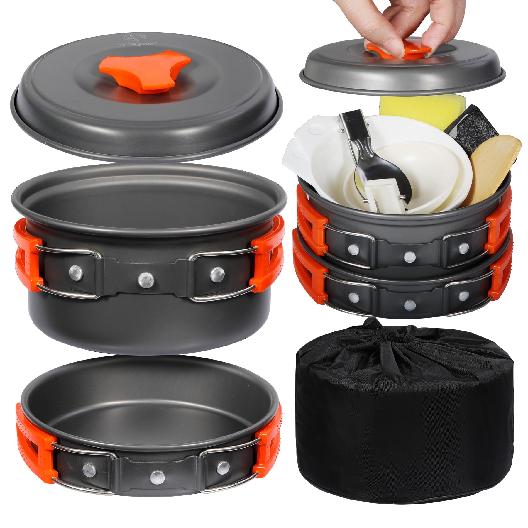 Photo 1 of REDCAMP 10 PCS Camping Cookware Mess Kit Camping Gear Campfire Utensils Lightweight Stackable Pot Pan Bowls Soup Spoon with Storage Bag for Camping, Backpacking, Outdoor Cooking and Picnic, Orange
